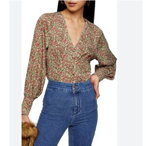 Topshop Corset Style Puff Sleeve Floral Peasant Blouse Size 4